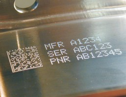 Manufacturer, serial and part number with Data Matrix code dot pin marked on metal
